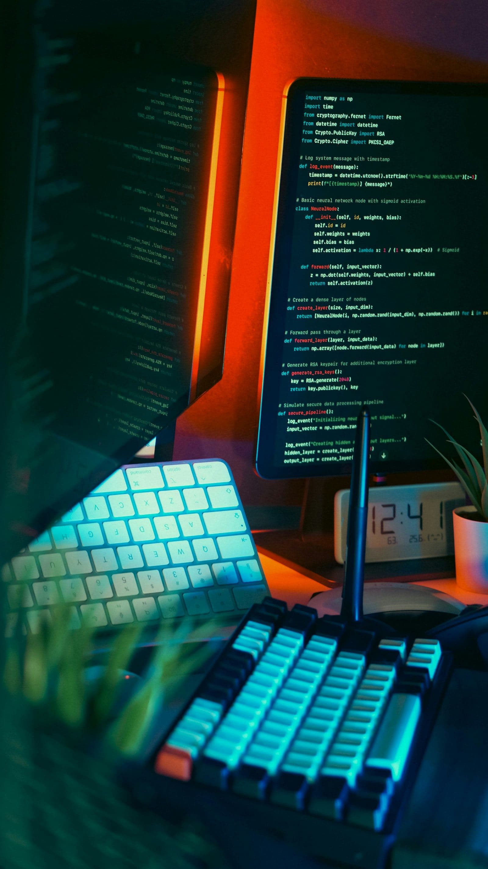 A developer's desk at night with source code on two monitors and a backlit keyboard.
